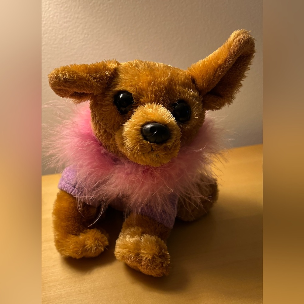 Aurora Plush Chihuahua Dog Toy with Pink and Purple Fashion Boa and Sweater